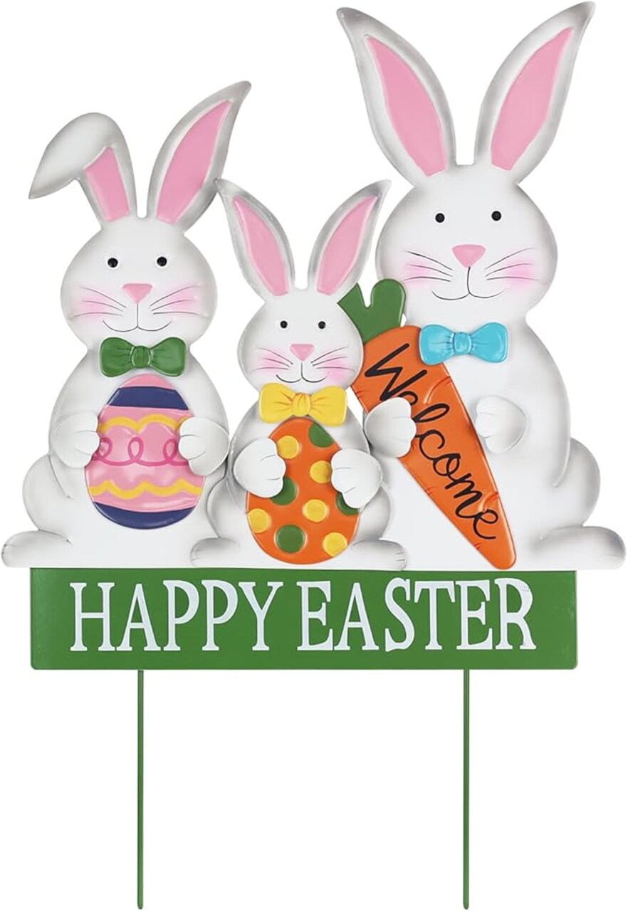 Easter Decorations Outdoor, 3 Metal Bunny Decorative Garden Stakes for Easter Decor, Welcome Rabbits Happy Easter Yard Sign for Home Outside Garden Front Door Porch Lawn Spring Decorations